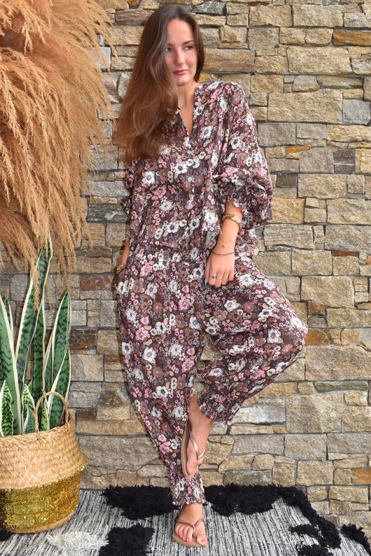 Daughter Of Ibiza Lovechild Balloon Sleeve Shirt Chocolate & Rose 
